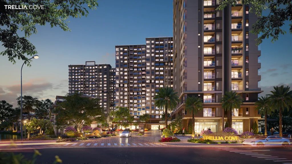 Phối cảnh cổng vào và tháp căn hộ Trellia Cove lúc chiều tối