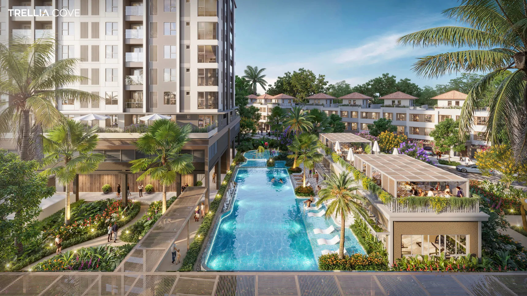 Phối cảnh hồ bơi dài và tháp căn hộ Trellia Cove tại Mizuki Park