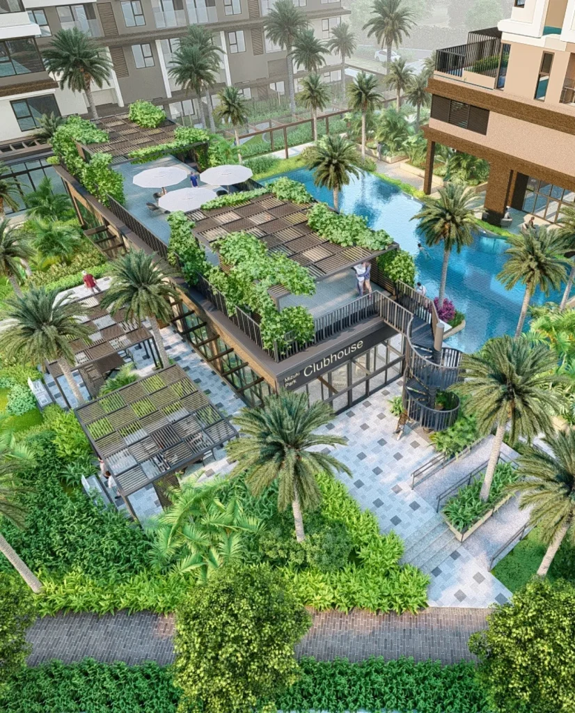 Phối cảnh clubhouse có hồ bơi trên sân thượng xanh
