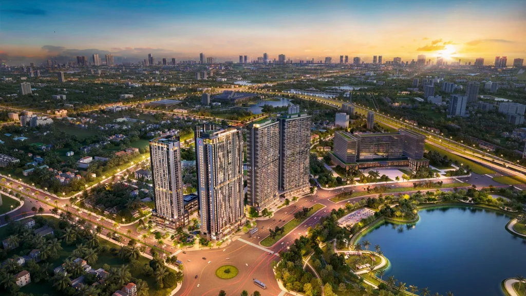 Phối cảnh tổng thể cụm tháp căn hộ và hồ nước Imperia Sensa Park