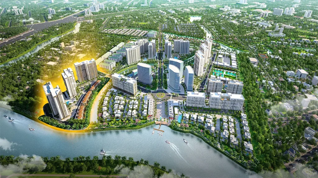 Toàn cảnh khu đô thị Mizuki Park với vị trí tháp Trellia Cove được tô sáng