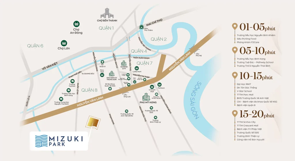 Bản đồ liên kết vùng và thời gian di chuyển từ Mizuki Park đến các quận trung tâm