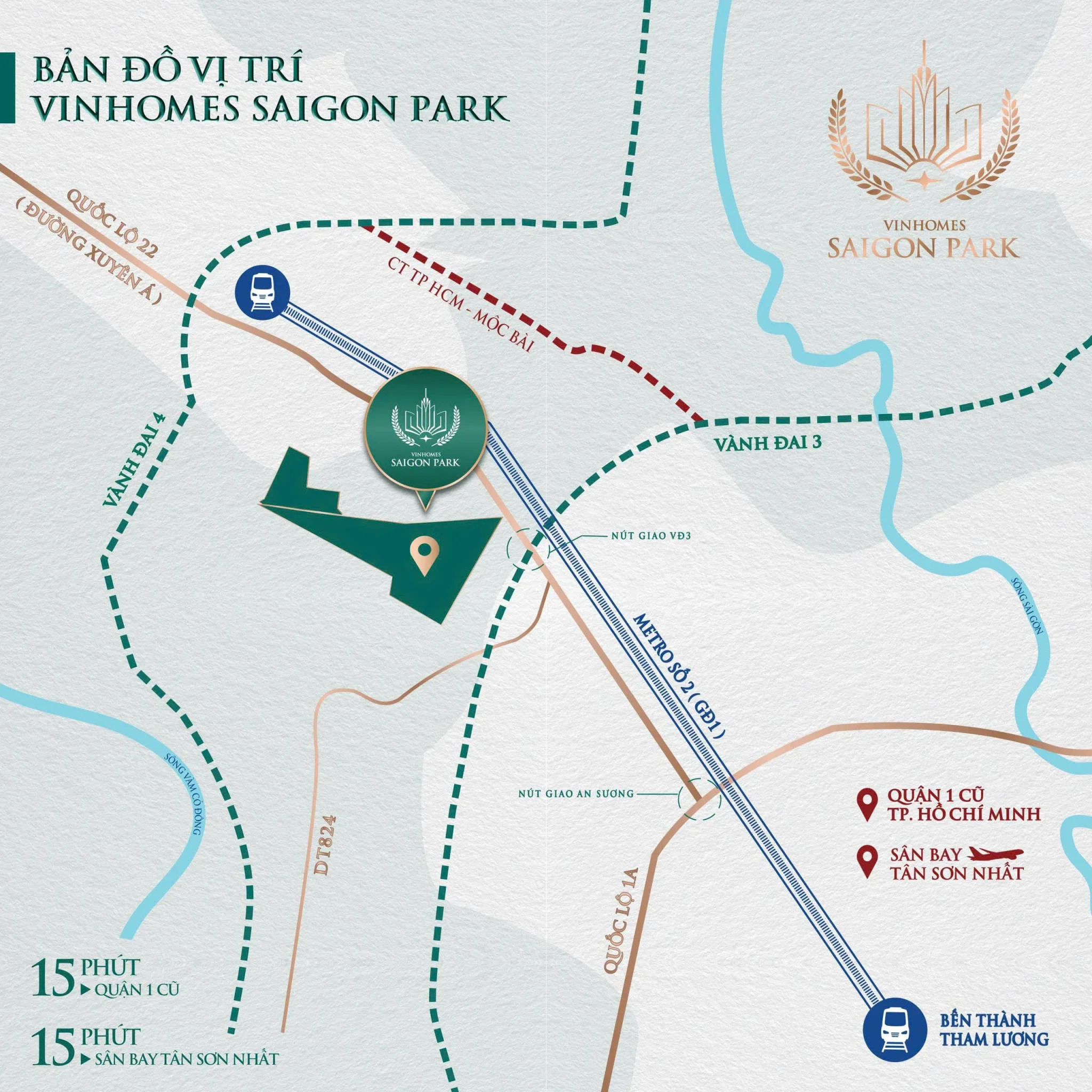Bản đồ vị trí Vinhomes Sài Gòn Park cạnh Quốc lộ 22, Vành đai 3 và Vành đai 4