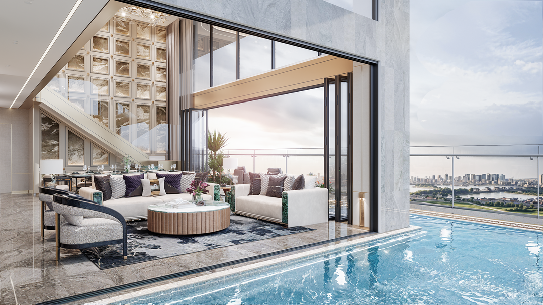 Bể bơi tại Sky Villa với tầm nhìn ra sông, ứng dụng công nghệ nâng hạ sàn linh hoạt