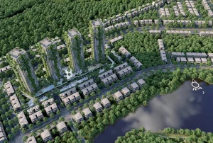 Cụm tháp Forest Onsen phủ xanh nhìn từ trên cao giữa khu Eco Retreat