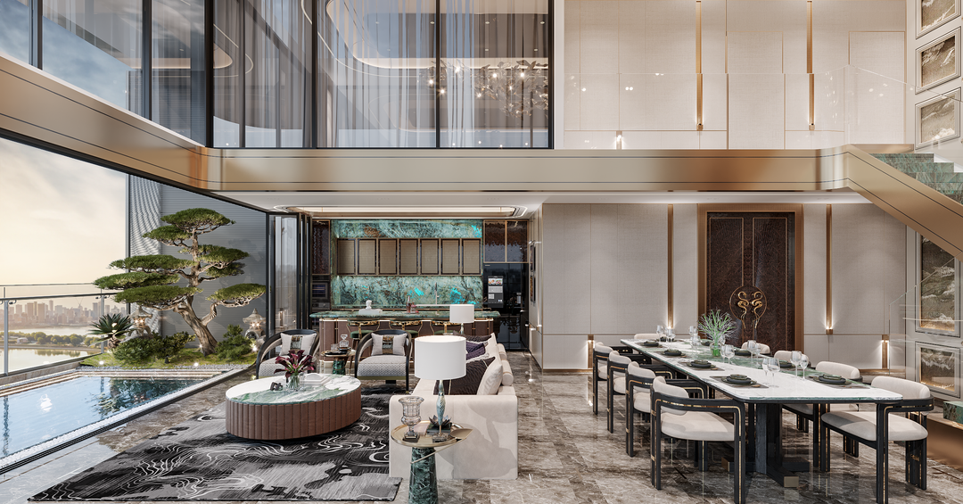 Không gian phòng khách liên thông bếp và bể bơi tại Sky Villa Noble Crystal Long Biên