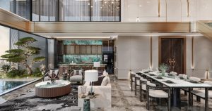 Không gian phòng khách và bếp trong căn Sky Villa của Noble Crystal Long Bien WorldHotels Residences