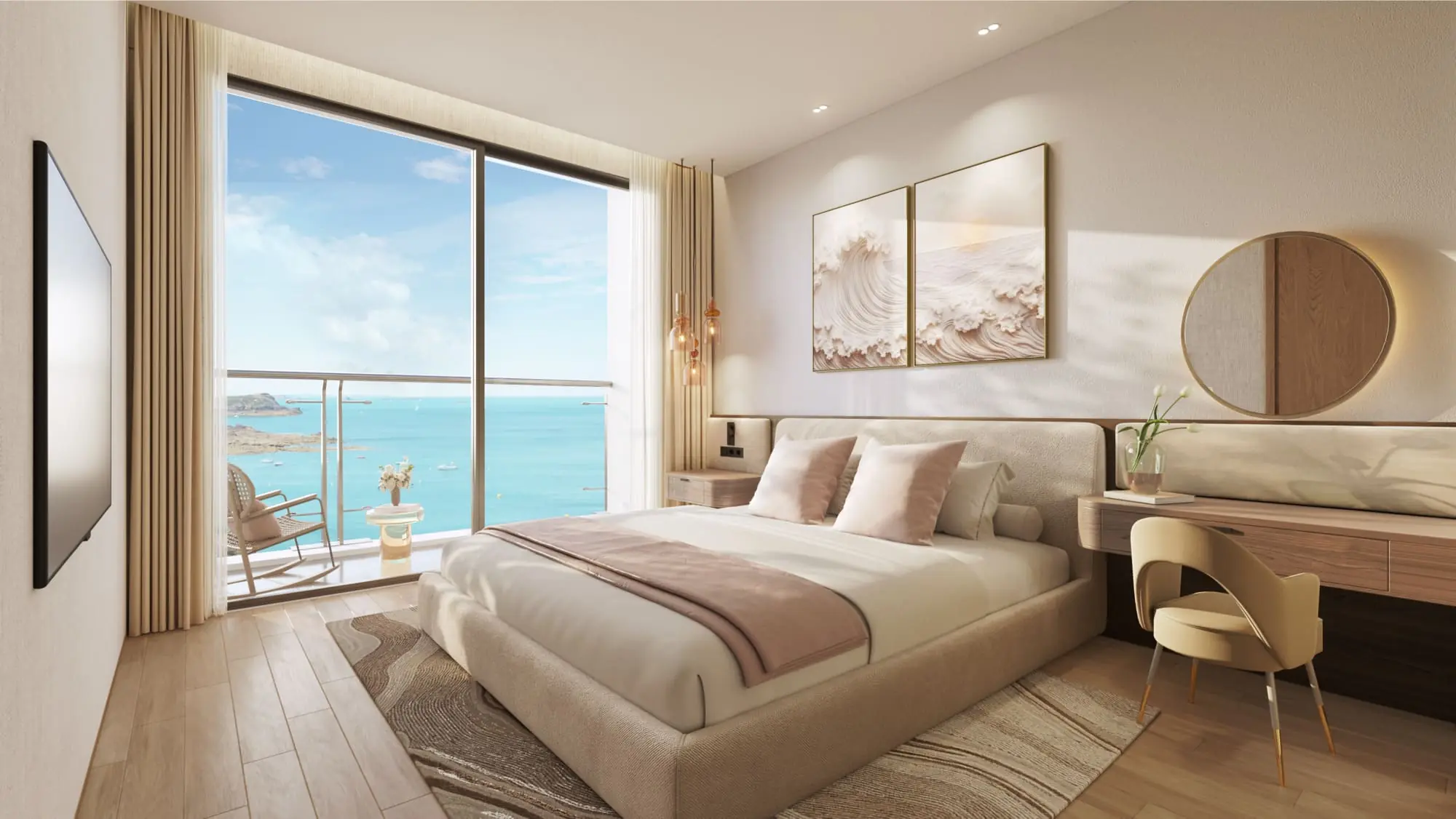 Không gian phòng ngủ căn hộ mẫu 2 phòng ngủ Q Terra hướng view biển