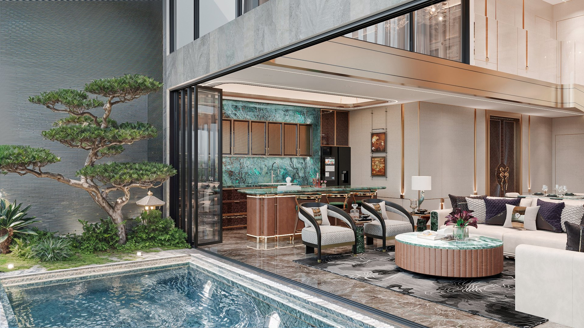 Khu vực bể bơi ngoài trời kết hợp sân vườn riêng tại Sky Villas dự án Noble Crystal Long Biên