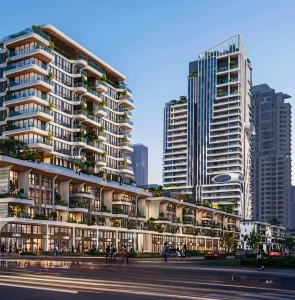 Phối cảnh khối tháp căn hộ và khối đế shophouse Suro Premia về đêm