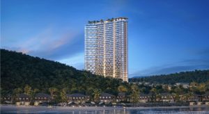 Phối cảnh tòa tháp căn hộ Alora Nha Trang nhìn từ bãi biển, phía sau là núi Cô Tiên