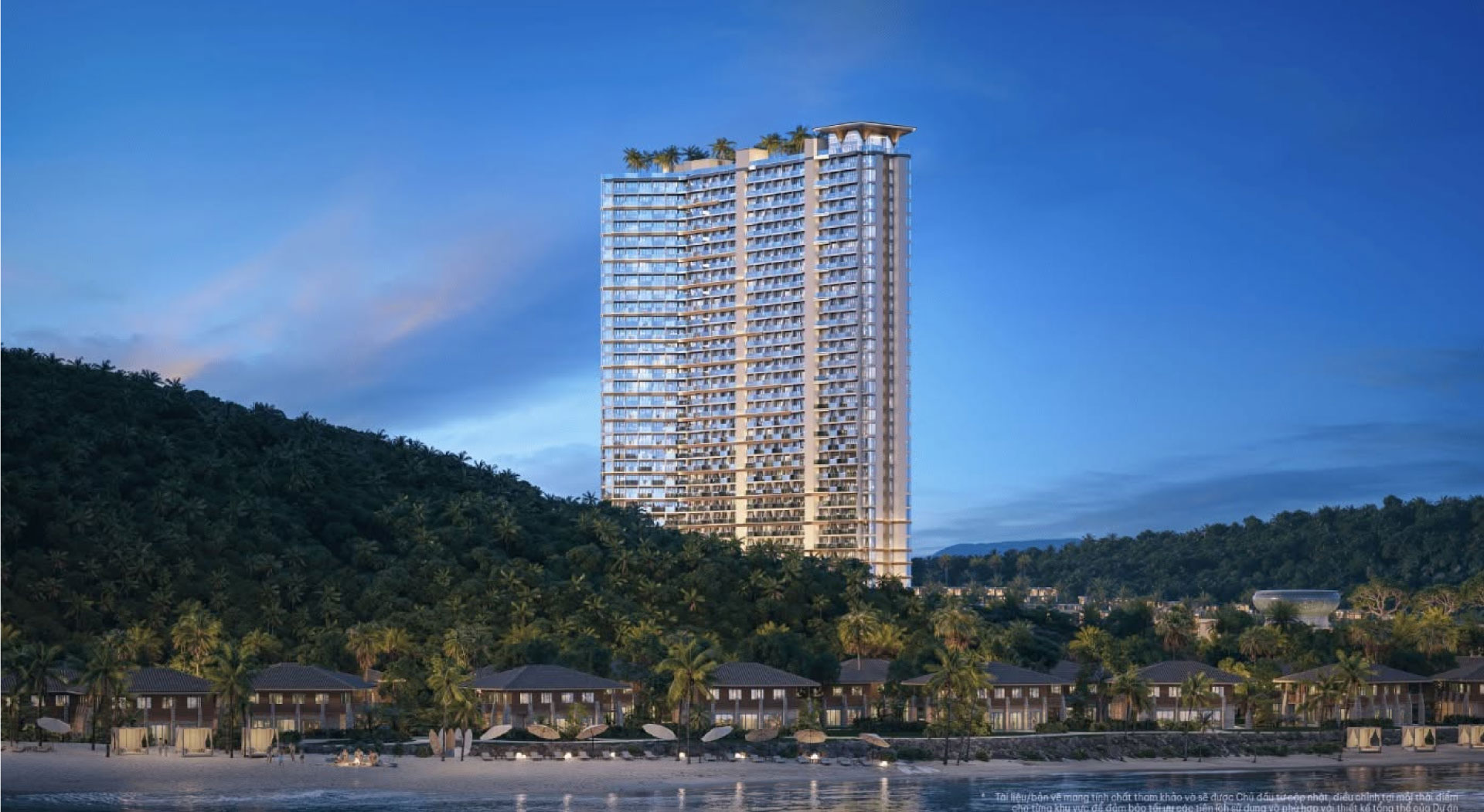 Phối cảnh tòa tháp căn hộ Alora Nha Trang nhìn từ bãi biển, phía sau là núi Cô Tiên