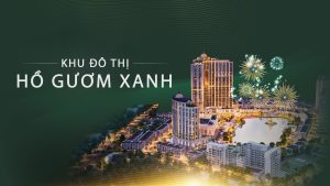 Phối cảnh tổng thể khu đô thị Hồ Gươm Xanh về đêm với hồ trung tâm và pháo hoa