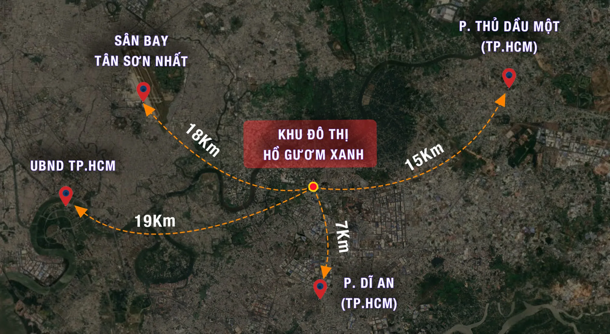 Sơ đồ kết nối từ dự án Hồ Gươm Xanh đến trung tâm TP.HCM, Dĩ An và Thủ Dầu Một