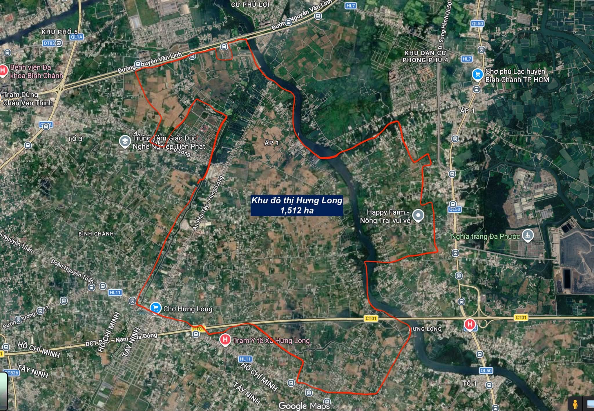 Bản đồ vệ tinh ranh giới quy hoạch Khu đô thị Hưng Long rộng 1.512 ha tại huyện Bình Chánh
