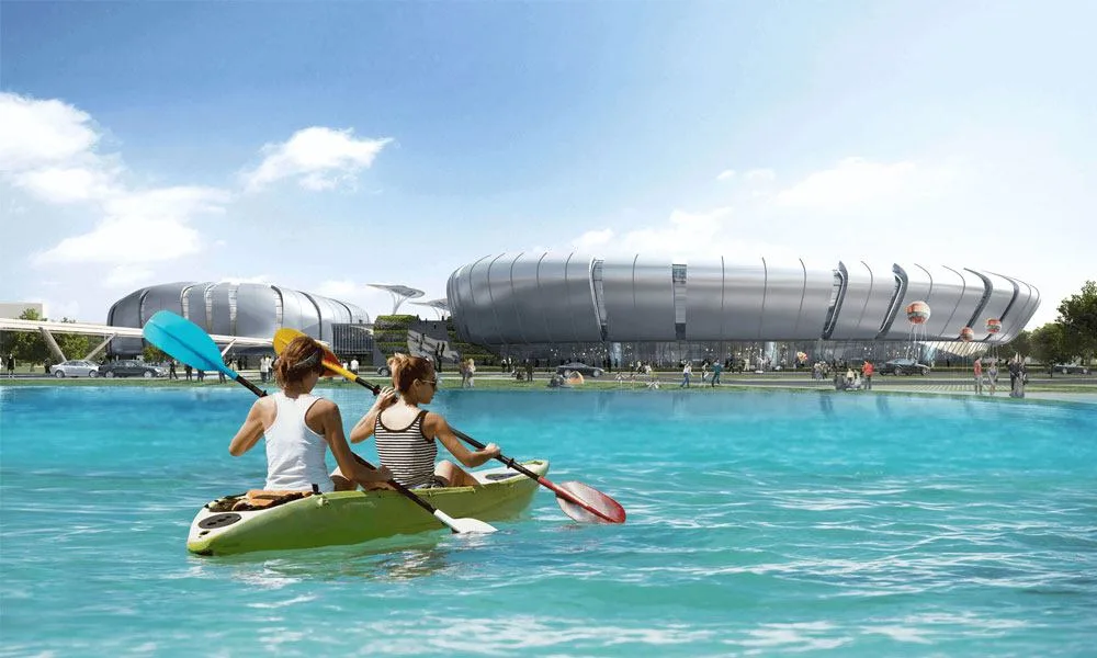 Cư dân chèo thuyền kayak trên mặt nước cạnh sân vận động tại Saigon Sports City