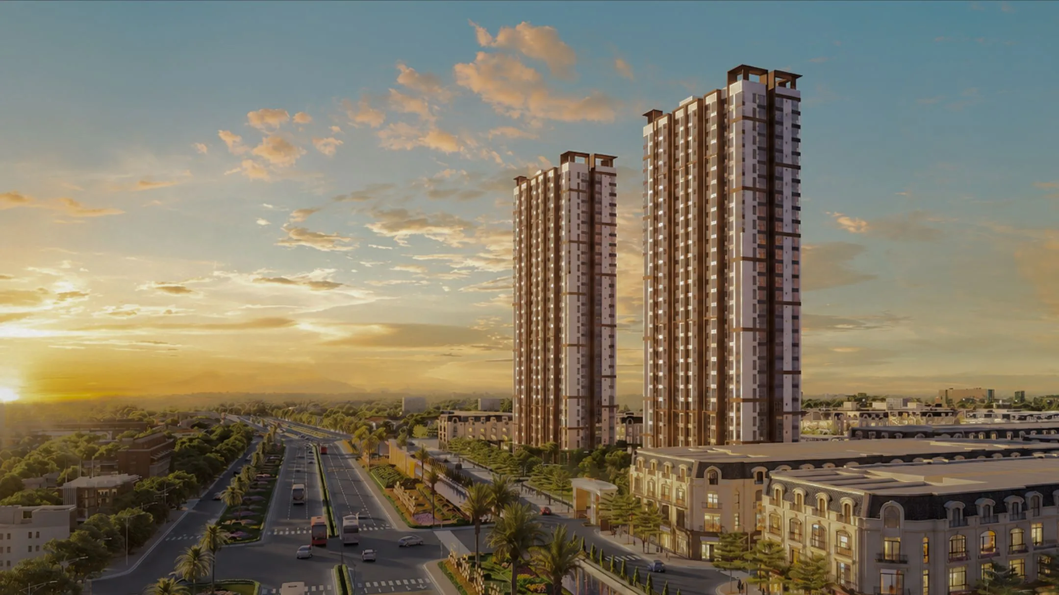 Hai tháp căn hộ Forestia Park nhìn từ trục đường lớn lúc hoàng hôn