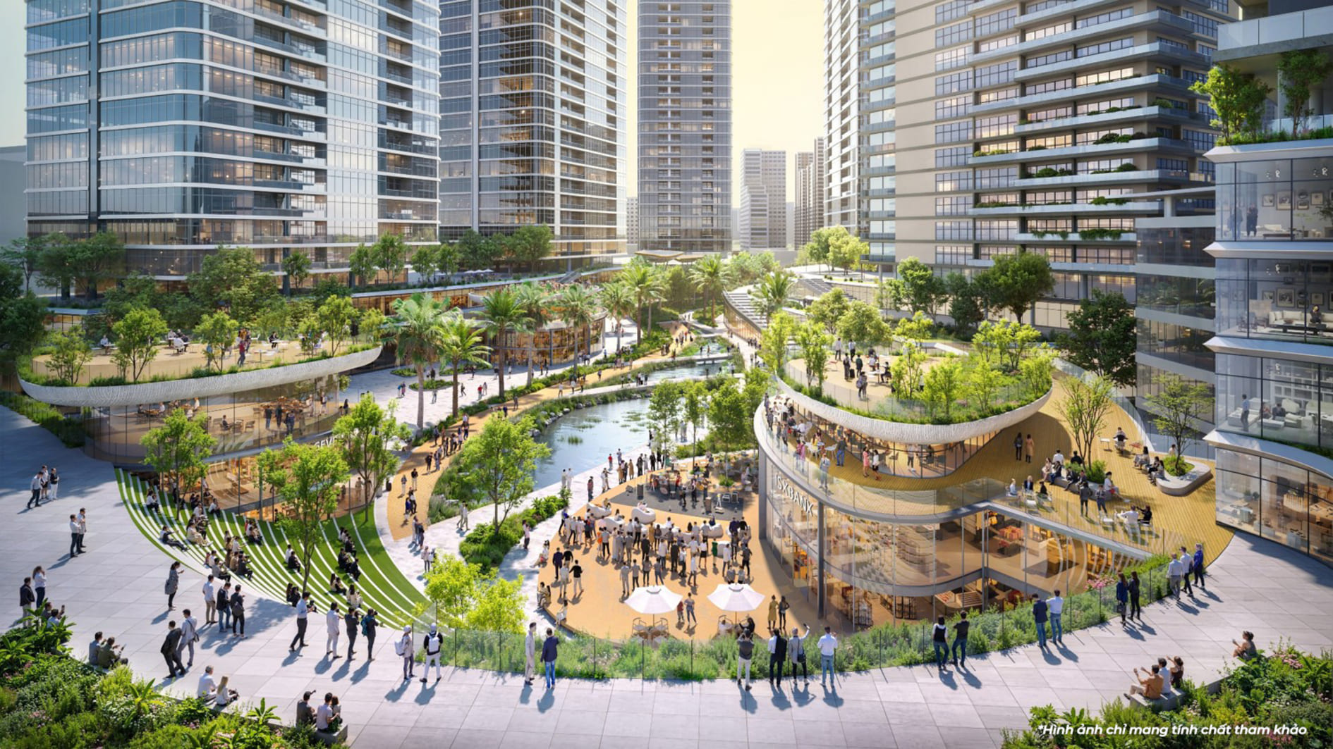 Khối đế thương mại nhiều tầng cây xanh tại The Megapolis Thủ Thiêm với đông người qua lại