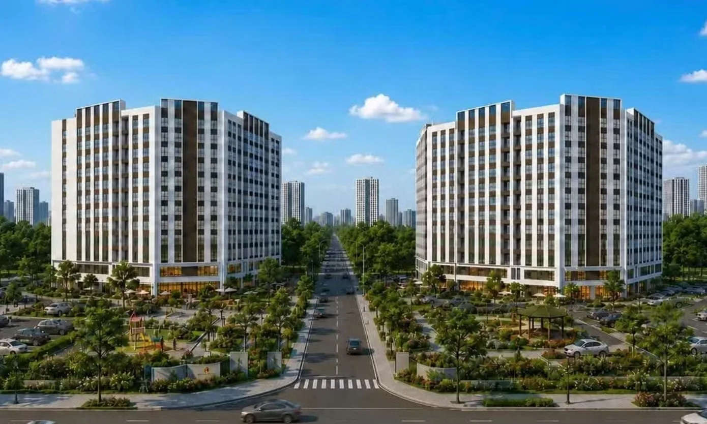 Phối cảnh hai tòa chung cư nhà ở xã hội Mê Linh New City với sân đường nội khu