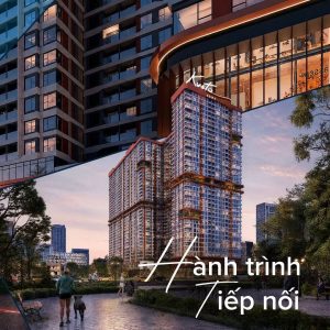 Phối cảnh khu phức hợp The Uptown về đêm với khối đế thương mại và công viên cây xanh