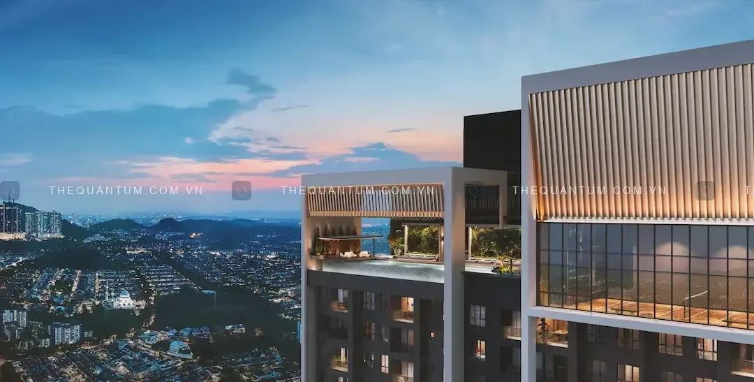 Phối cảnh khu tiện ích hồ bơi trên cao của The Quantum Park nhìn ra thành phố