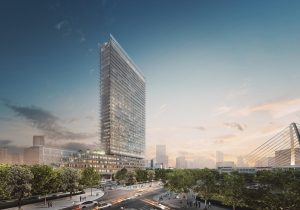 Phối cảnh kiến trúc tòa The Vertex Private Residences nhìn từ đại lộ ven sông