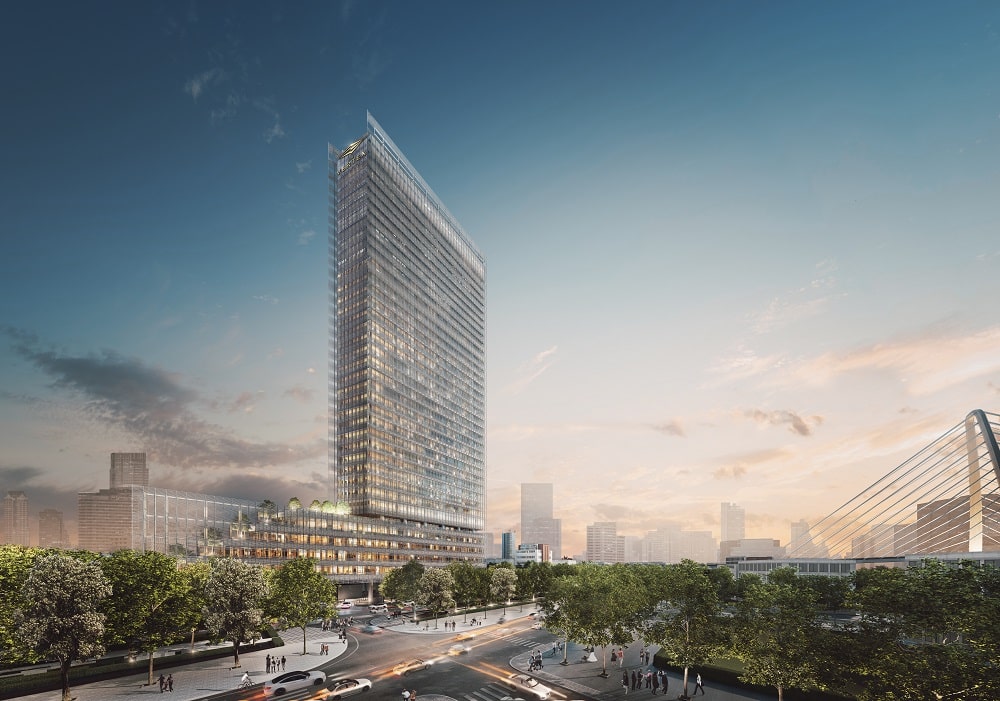 Phối cảnh kiến trúc tòa The Vertex Private Residences nhìn từ đại lộ ven sông