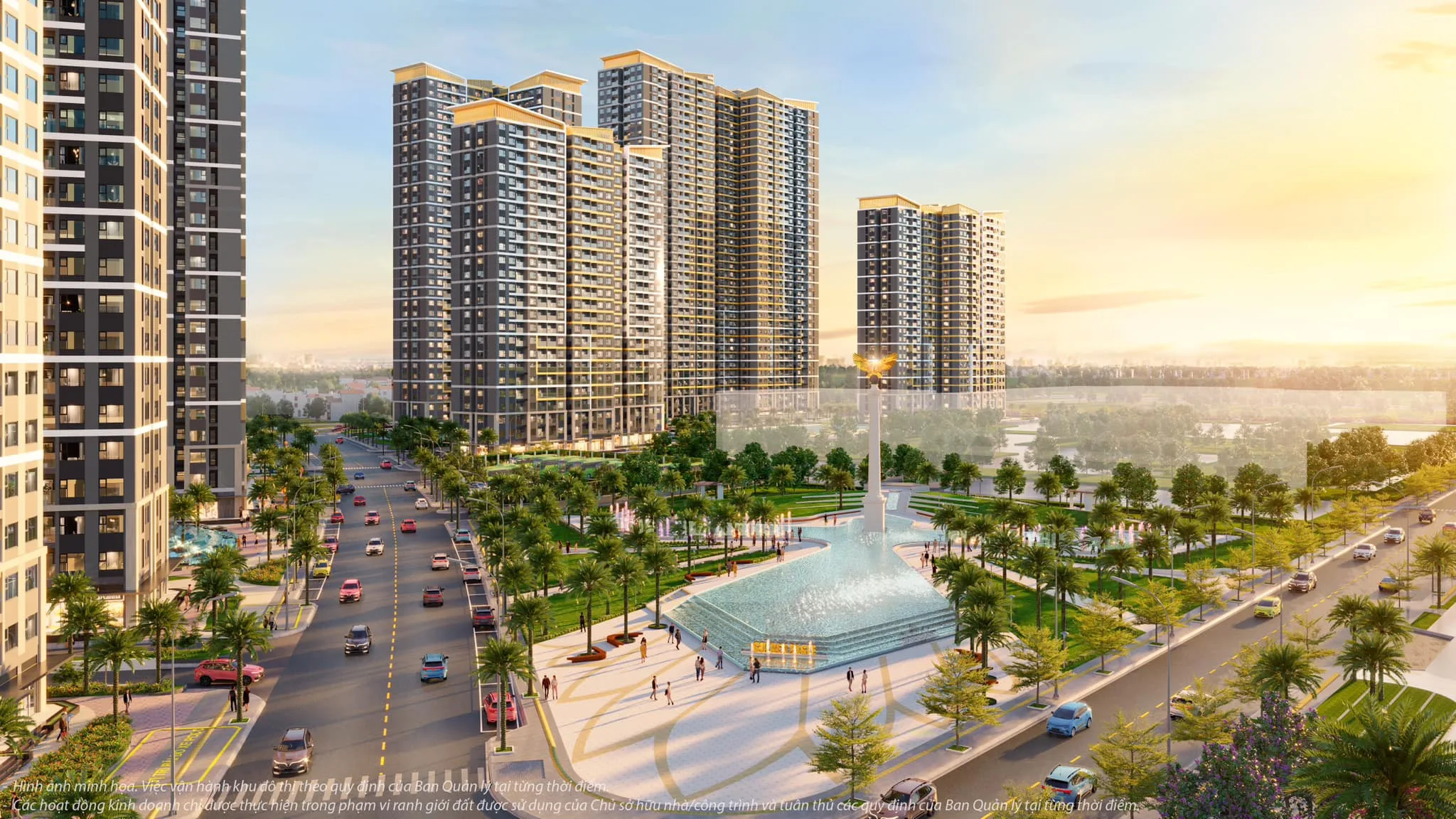 Phối cảnh minh họa khu căn hộ cao tầng với quảng trường trung tâm và đài phun nước tại đô thị Vinhomes