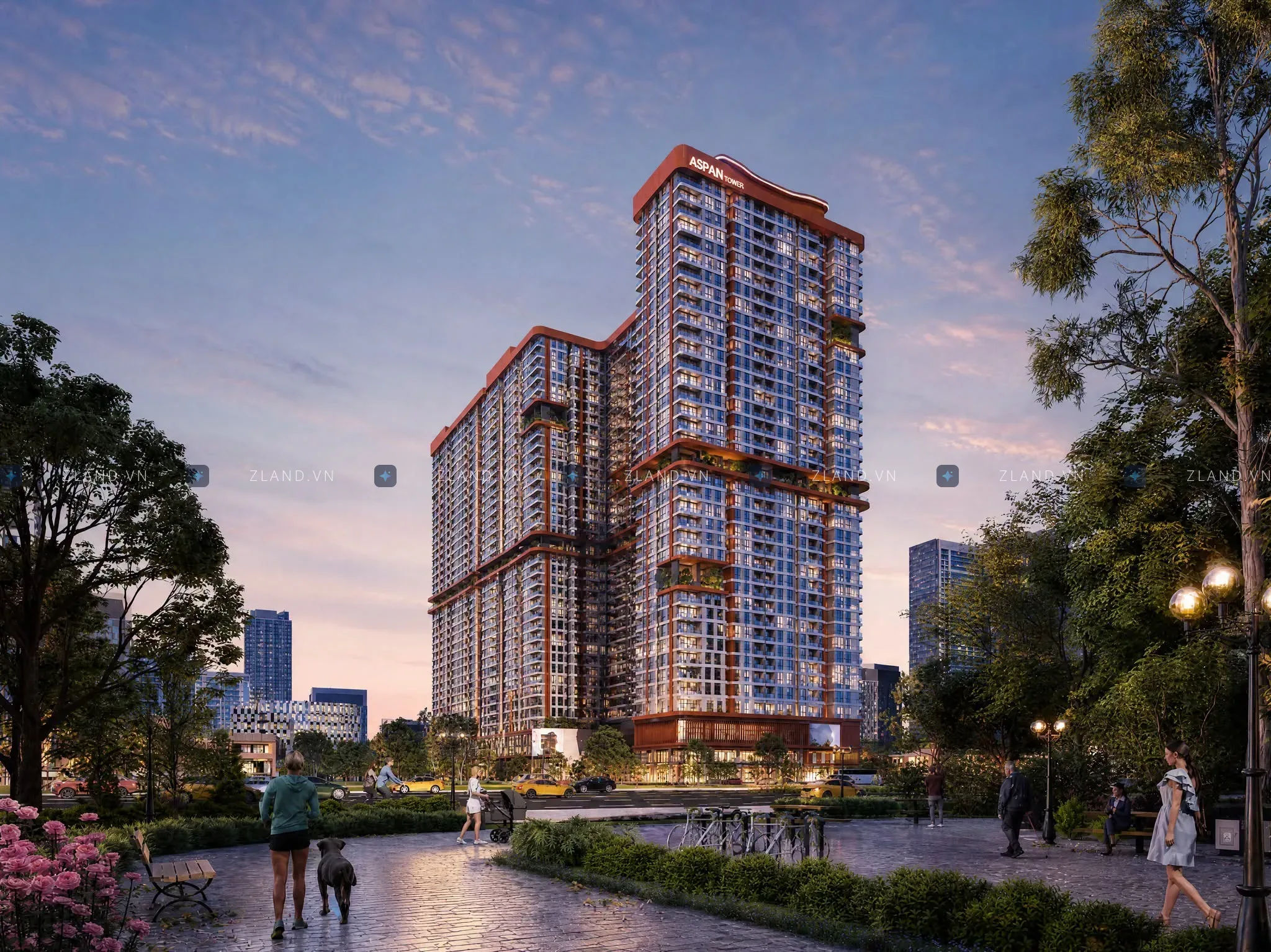 Phối cảnh tòa tháp căn hộ cao tầng dự án The Uptown nhìn từ công viên nội khu