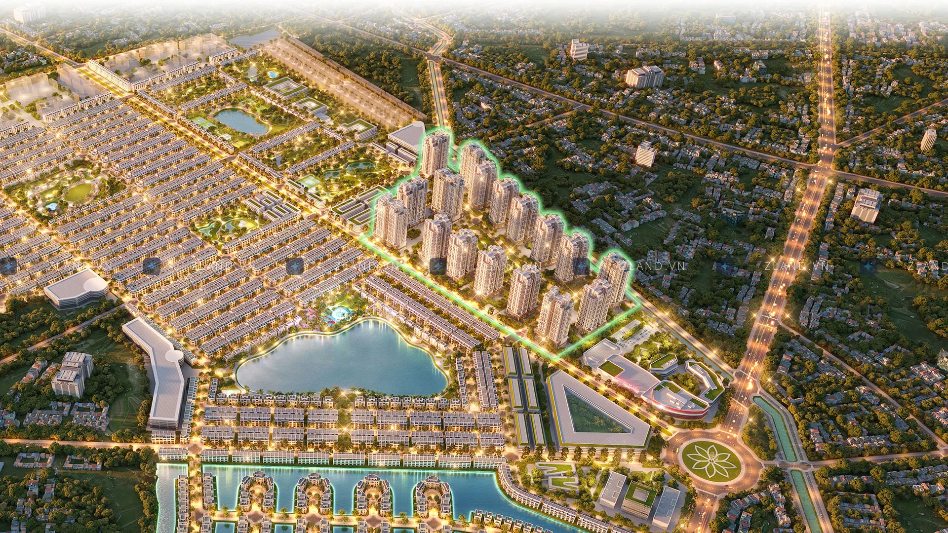 Phối cảnh tổng thể đại đô thị Vinhomes Green City về đêm, khu vực có Imperia Green City
