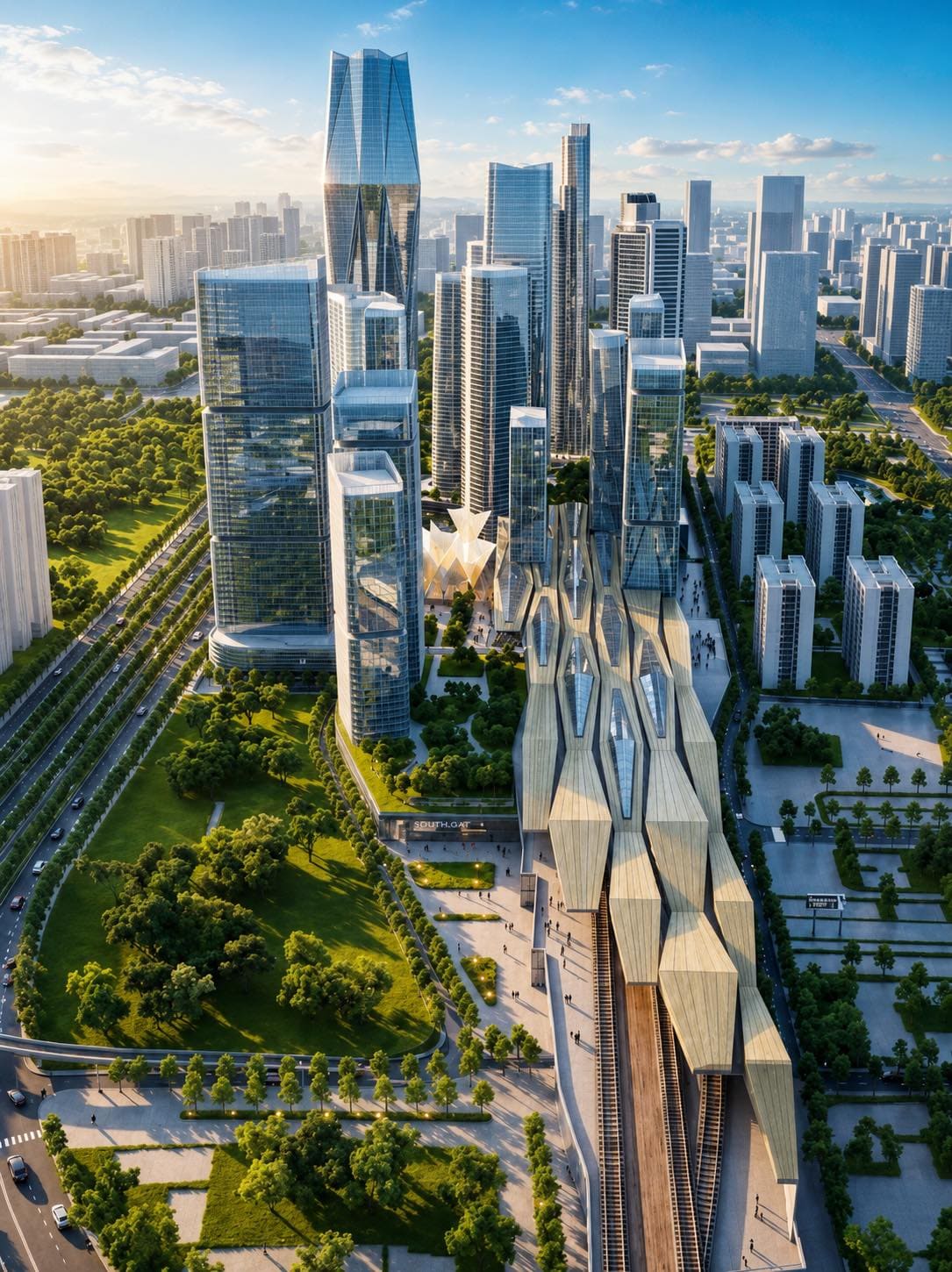 Phối cảnh tổng thể Metronas Thủ Thiêm với cây xanh và khu vực nhà ga