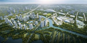 Toàn cảnh khu đô thị thể thao Saigon Sports City nhìn từ trên cao với sân vận động và các khối căn hộ