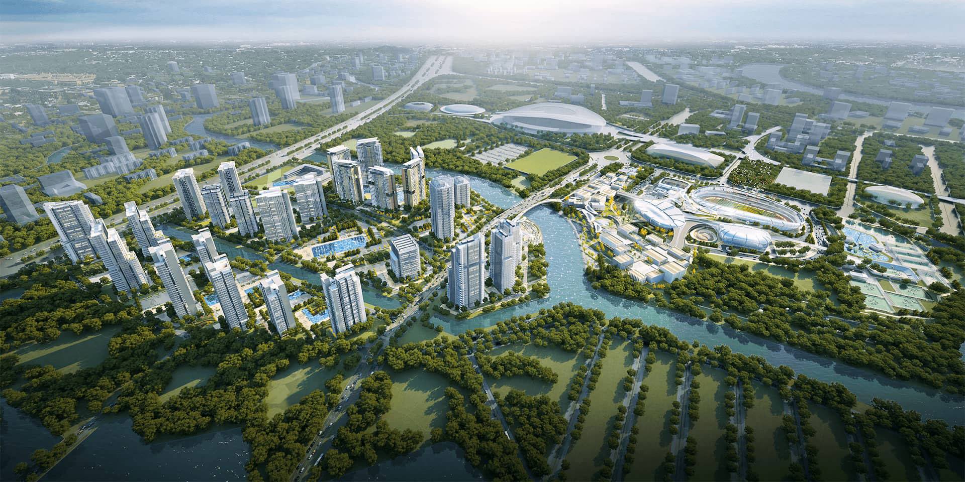 Toàn cảnh khu đô thị thể thao Saigon Sports City nhìn từ trên cao với sân vận động và các khối căn hộ