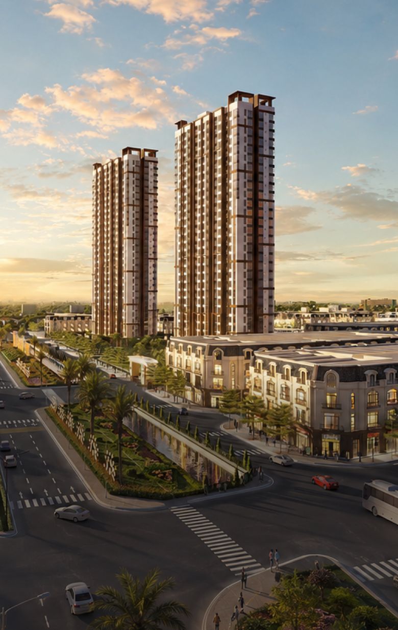 Tổng thể hai tòa căn hộ và khối shophouse tại dự án Forestia Park Phố Nối