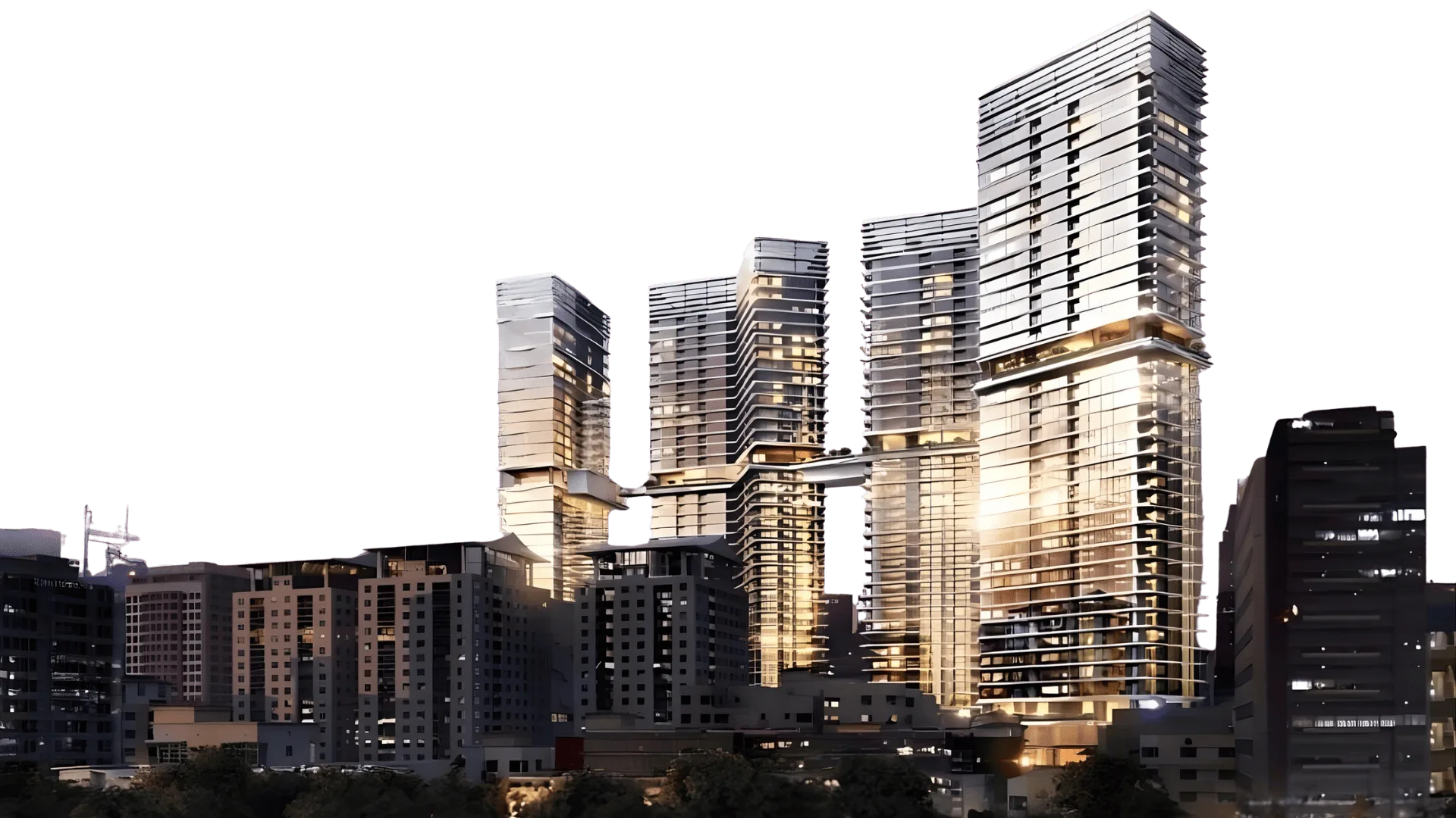 Phối cảnh 4 tòa tháp Springlight City nhìn từ xa với skybridge kết nối