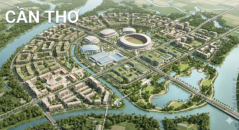 Phối cảnh minh họa Khu đô thị thể thao Olympic Cần Thơ với sân vận động và không gian xanh