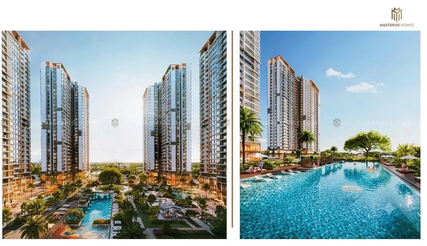 Phối cảnh tòa tháp và hồ bơi nội khu tại căn hộ Masterise Vinhomes Saigon Park