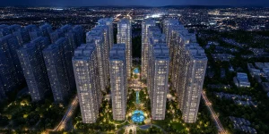 Phối cảnh tổng thể cụm tòa tháp căn hộ cao tầng về đêm minh họa cho khu phức hợp Vinhomes Kỳ Hòa