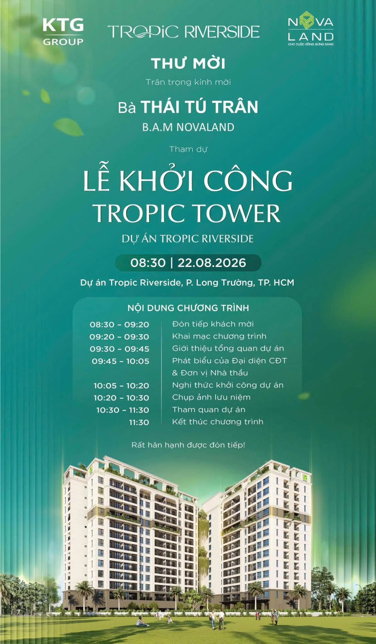 Thư mời lễ khởi công dự án Tropic Tower diễn ra ngày 22/8/2026 tại phường Long Trường, TP. Thủ Đức