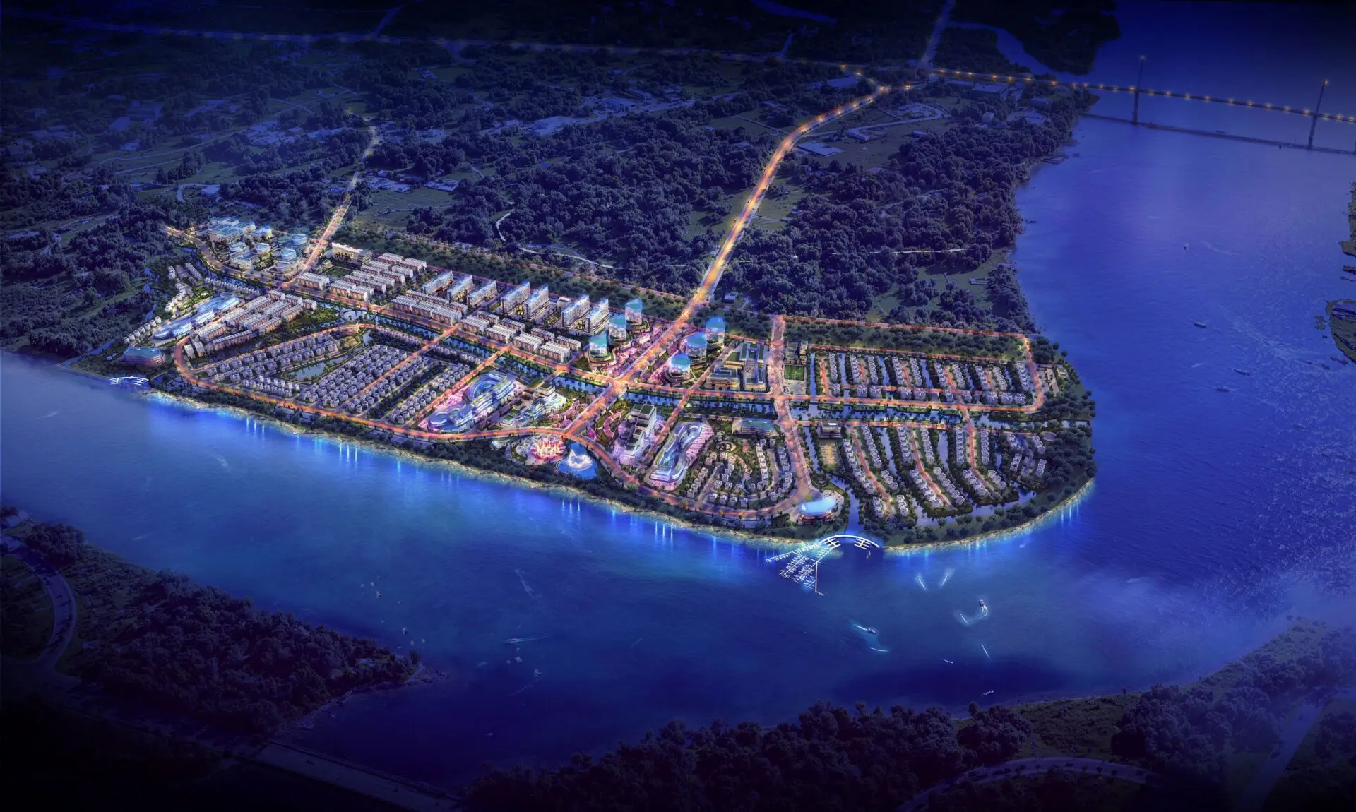 Toàn cảnh dự án Vlasta Đại Phước nhìn từ trên cao về đêm, bao quanh bởi sông nước