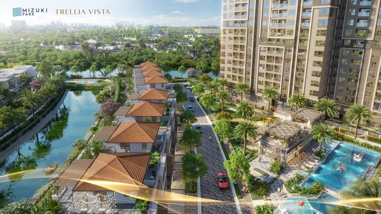 Tháp căn hộ Trellia Vista và phân khu Trellia Cove nhìn từ trên cao, mặt tiền Nguyễn Văn Linh