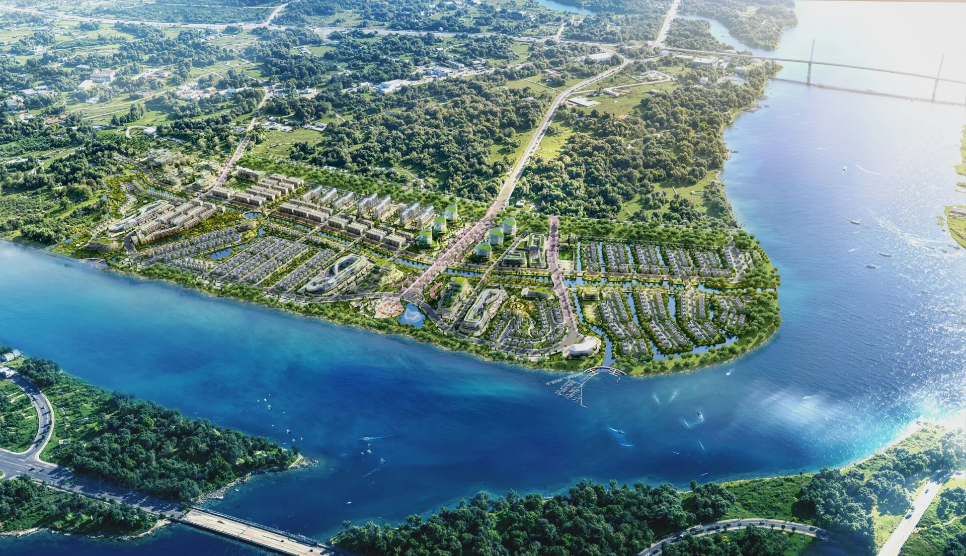 Vị trí Vlasta Đại Phước nhìn từ trên cao, khu đất nằm giữa hai nhánh sông tại Đồng Nai