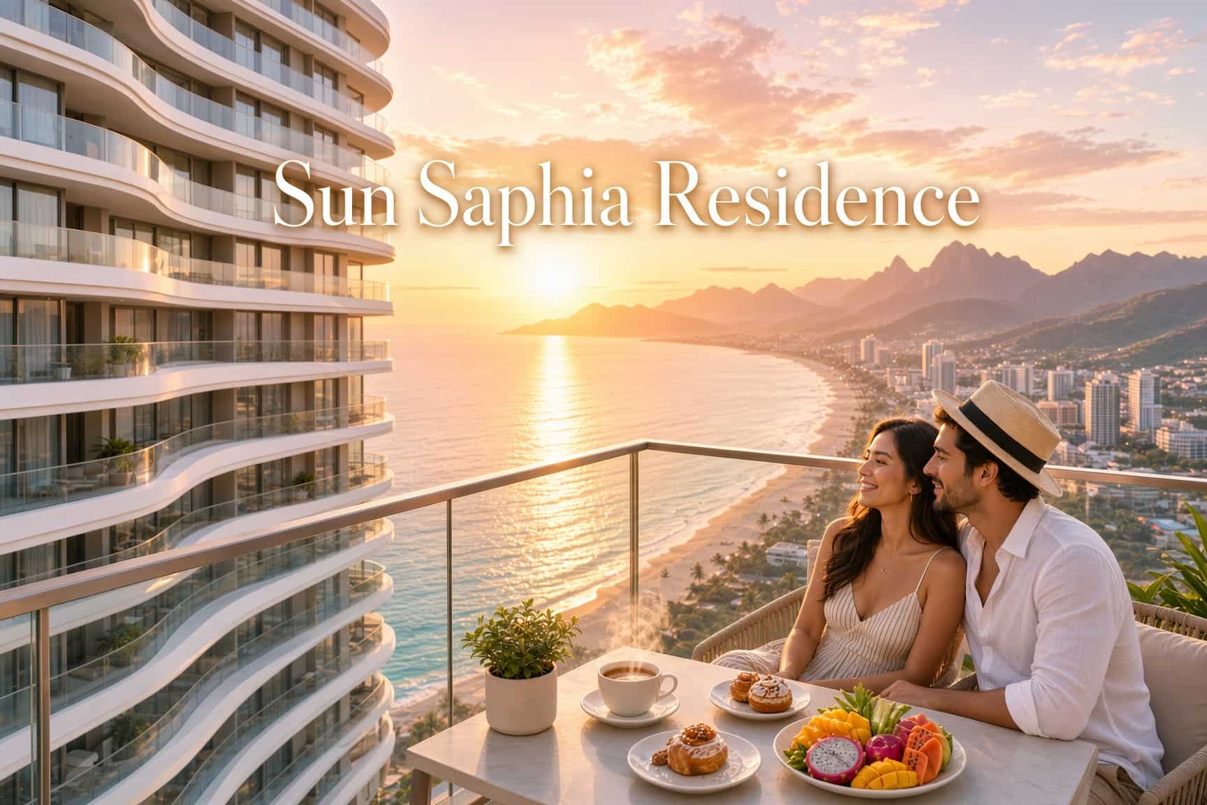 Phối cảnh căn hộ Sun Saphia Residence với tầm nhìn hướng biển lúc hoàng hôn