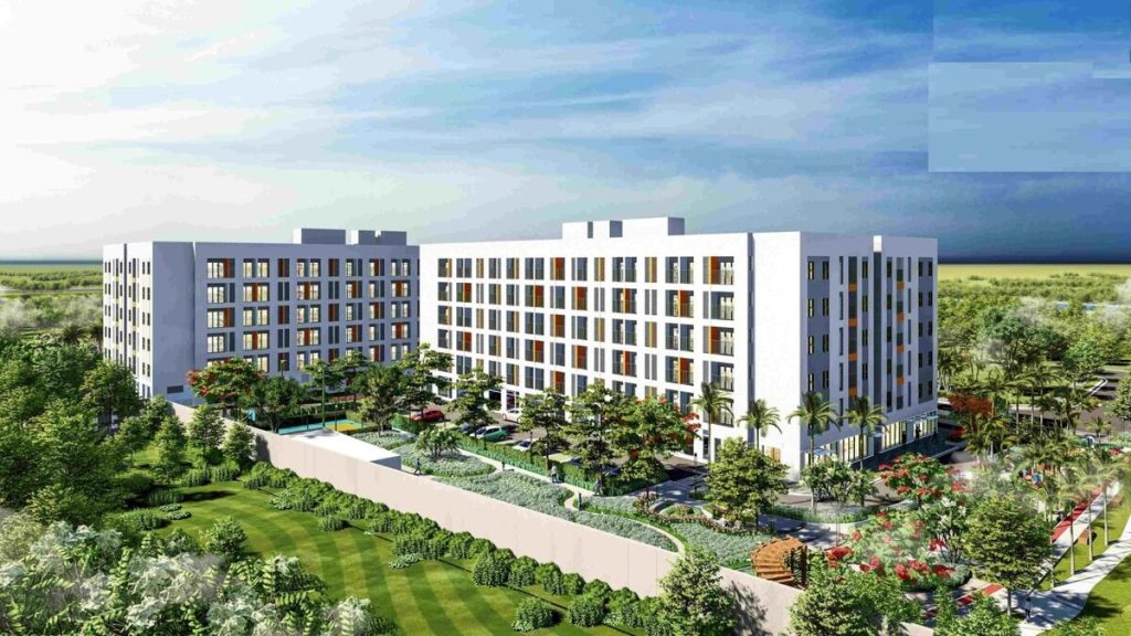 Phối cảnh khu nhà ở xã hội Long Trường với các khối chung cư cao tầng và cây xanh