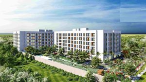 Phối cảnh khu nhà ở xã hội Long Trường với các khối chung cư cao tầng và cây xanh