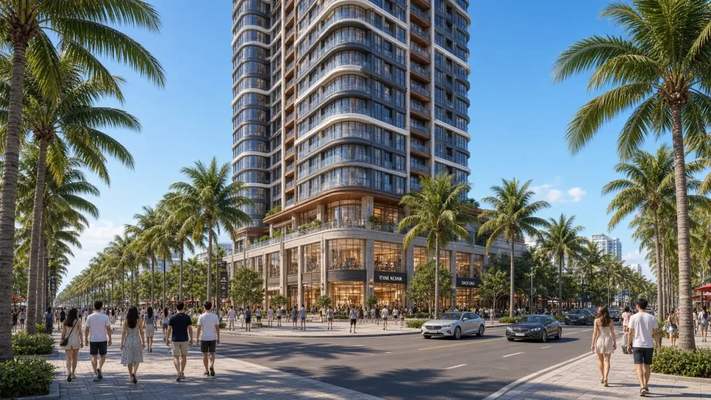 Phối cảnh khu thương mại dịch vụ tầng đế Sun Saphia Residence nhìn từ trục đường ven biển