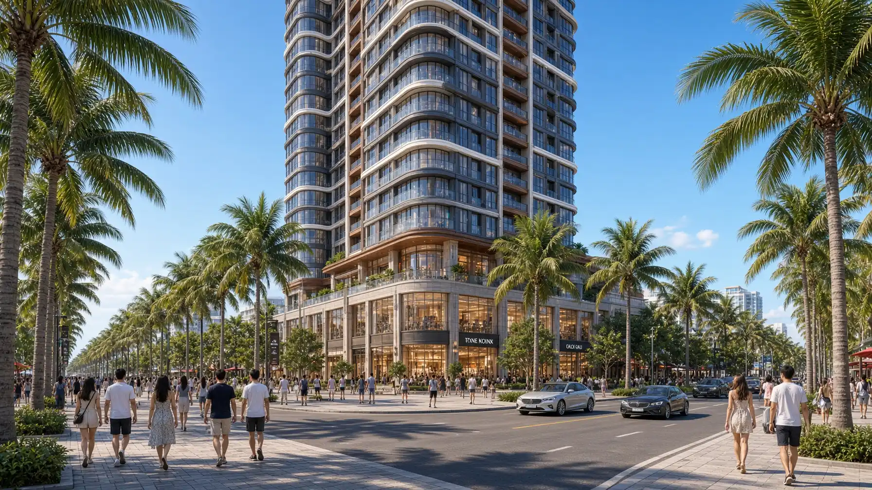 Phối cảnh khu thương mại dịch vụ tầng đế Sun Saphia Residence nhìn từ trục đường ven biển
