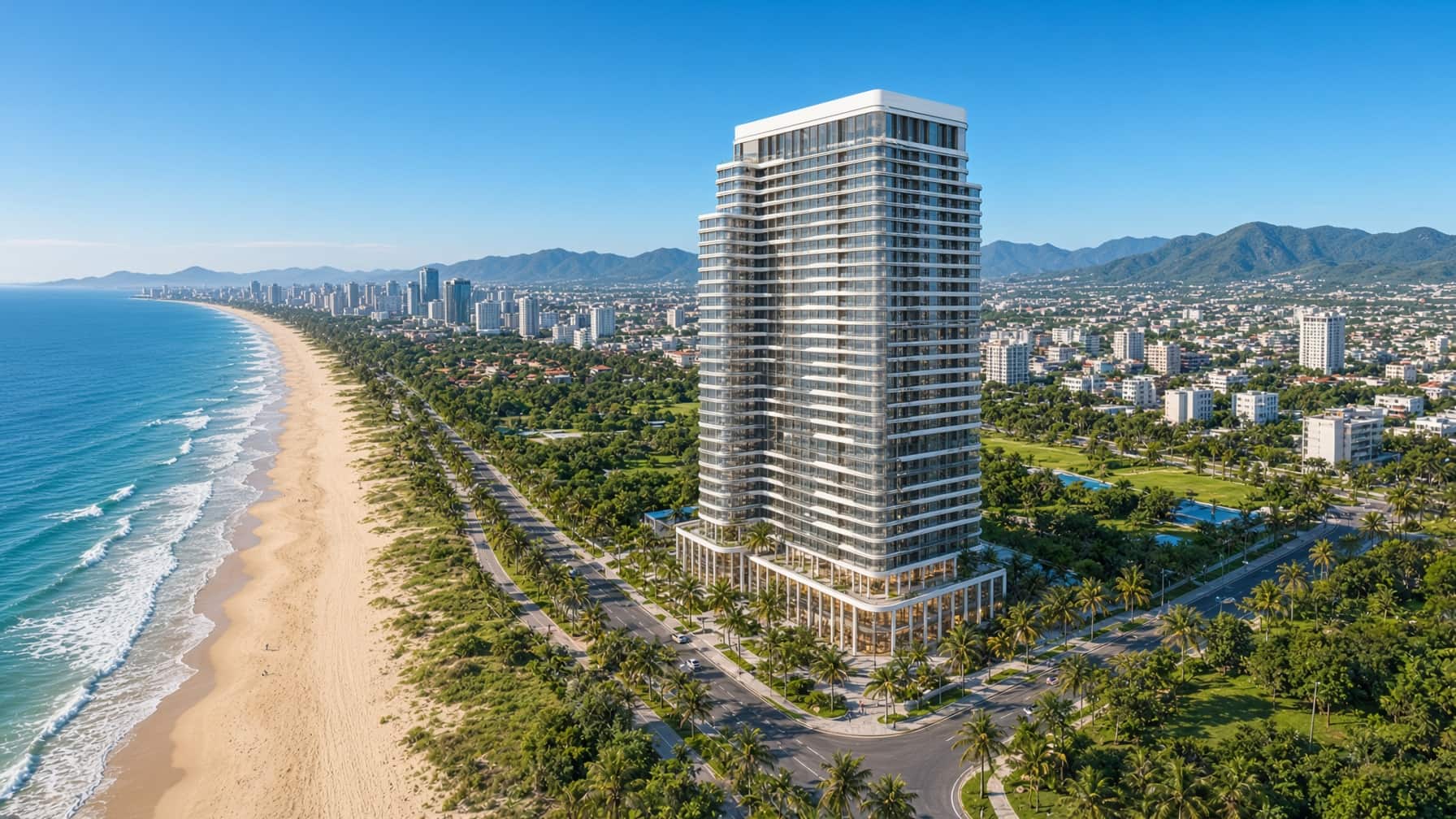 Phối cảnh Sun Saphia Residence nhìn từ trên cao, sát bãi biển phường Ngũ Hành Sơn, Đà Nẵng