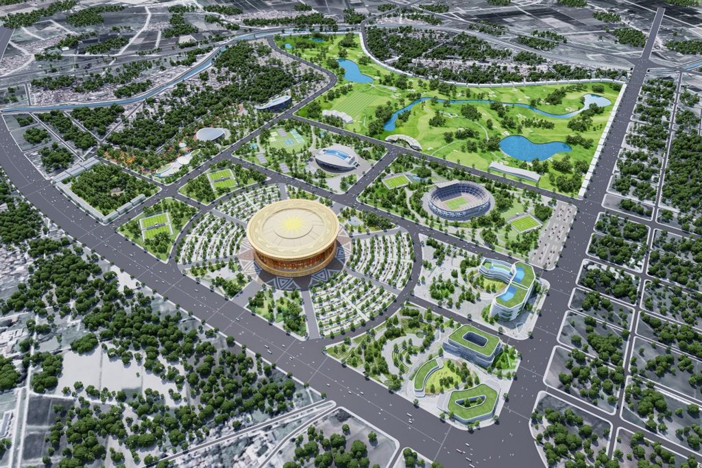 Phối cảnh tổng thể khu liên hợp thể thao Vinhomes Global Sportia với sân Trống Đồng và sân golf