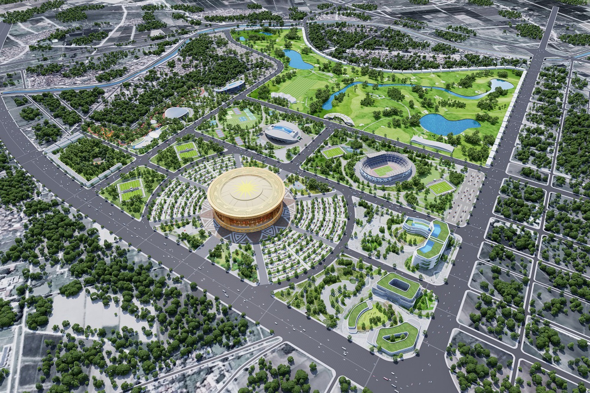 Phối cảnh tổng thể khu liên hợp thể thao Vinhomes Global Sportia với sân Trống Đồng và sân golf